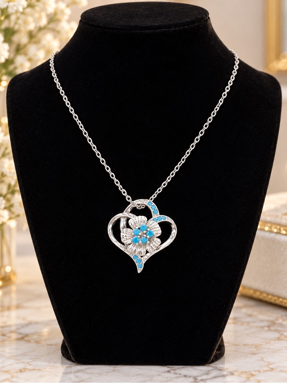 925 Sterling Silver Turquoise Beads Heart Shaped  Silver Necklace
